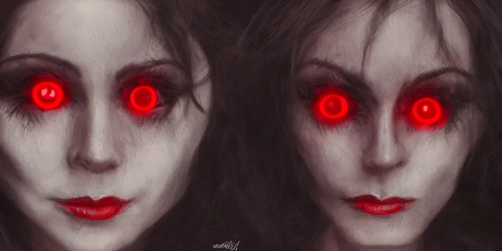 Image similar to realistic portrait of a witch woman with glowing red eyes, detailed, ultra realistic, 8 k