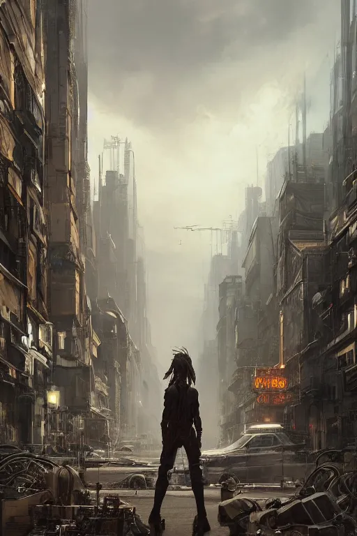 Prompt: a portrait of a small cyborg standing in the middle foreground walking in the street of a great mechanical city by Greg Rutkowski, Sung Choi, Mitchell Mohrhauser, Maciej Kuciara, Johnson Ting, Maxim Verehin, Peter Konig, final fantasy , mythical, 8k photorealistic, cinematic lighting, HD, high details, atmospheric,