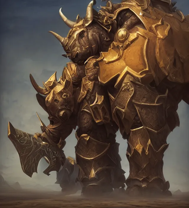 Image similar to “a well rendered anthropomorphic rhinoceros portrait, world of Warcraft armor, subject in the center of the frame, rule of thirds, golden ratio, elegant, digital painting, octane 4k render, zbrush, hyperrealistic, artstation, concept art, smooth, sharp focus, illustration from World of Warcraft by Ruan Jia and Mandy Jurgens and Artgerm and William-Adolphe Bouguerea”