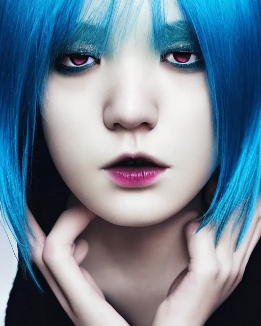 Image similar to touka kirishima from tokyo ghoul, blue hair, modern fashion, half body shot, photo by greg rutkowski, female beauty, f / 2 0, symmetrical face, warmv colors, depth of field