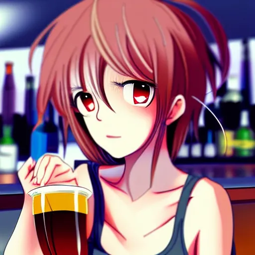 Image similar to Masculine looking anime girl at a bar drinking a beer, warm glow from the lights, angle that looks up at her from below, deviantart, pixiv, detailed face, smug appearance, beautiful anime, obviously drunk with reddish cheeks