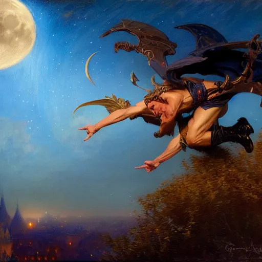 Image similar to attractive male witch magically flying trough the night, fantasy, full moon in background. highly detailed painting by gaston bussiere, craig mullins, j. c. leyendecker 8 k