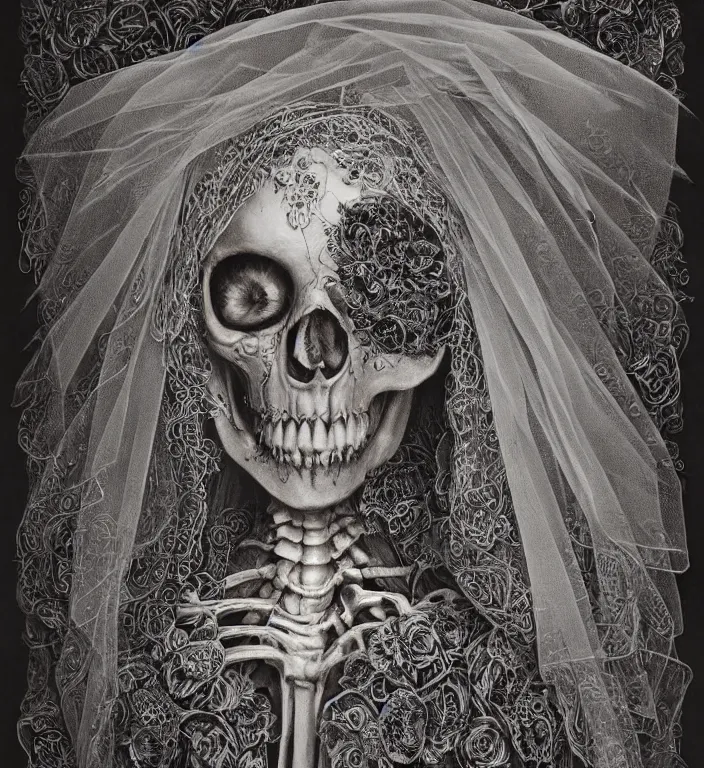 Image similar to portrait of a Bride's skeleton in veil with floral pattern by Laurie Lipton, high detailed, realistic,dark surrealism, hyper detailed, super intricate ornaments