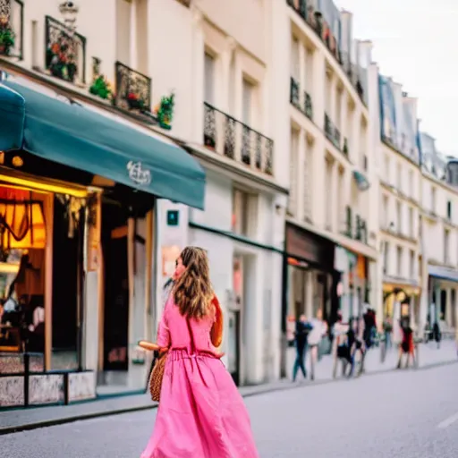 Image similar to beautiful tourist girl in a summer dress, walking in paris with her suitcase, cozy afternoon