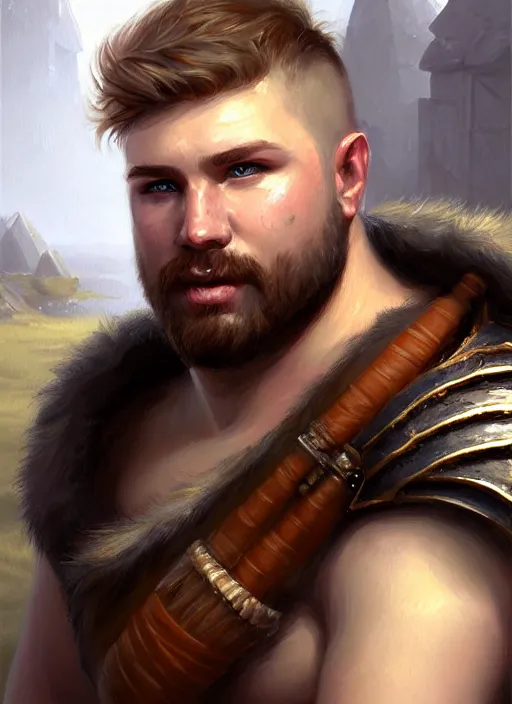 Image similar to a _ fantasy _ style _ portrait _ painting _ of chubby white barbarian male very short hair short stubble, brown hair, rpg dnd oil _ painting _ unreal _ 5 _ daz. _ rpg _ portrait _ extremely _ detailed _ artgerm _ greg _ rutkowski _ greg