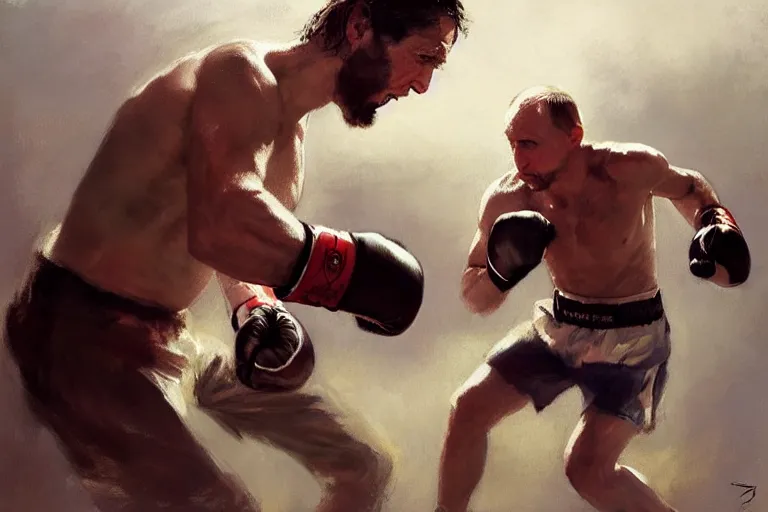 Image similar to jesus christ boxing with vladimir putin, fist fight, detailed faces, putin face, in battle by anders zorn, wonderful masterpiece by greg rutkowski, beautiful cinematic light, by greg manchess, jessica rossier