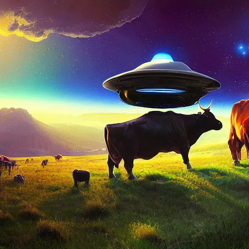 Image similar to ufo over the cow, Bright colors, fantastic landscape, hyperrealism, no blur, 4k resolution, ultra detailed, style of Anton Fadeev, Ivan Shishkin, John Berkey