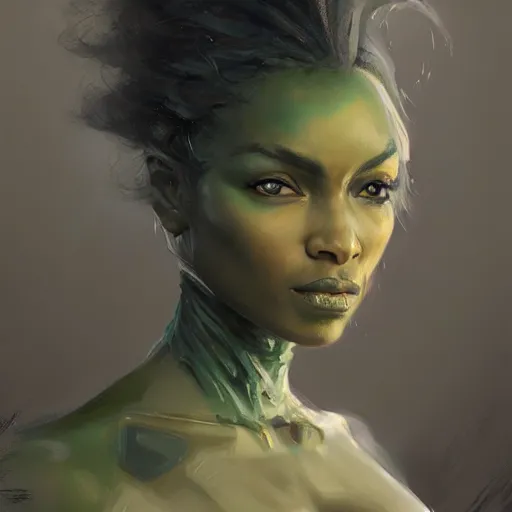 Prompt: A head-on detailed oil fantasy portrait of a black woman with pale green eyes and long white hair by greg rutkowski, trending on artstation, dungeon and dragons art