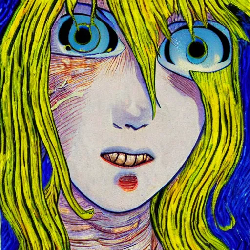 Image similar to tomie originally by junji ito instead in the style of vincent van gogh, oil on canvas