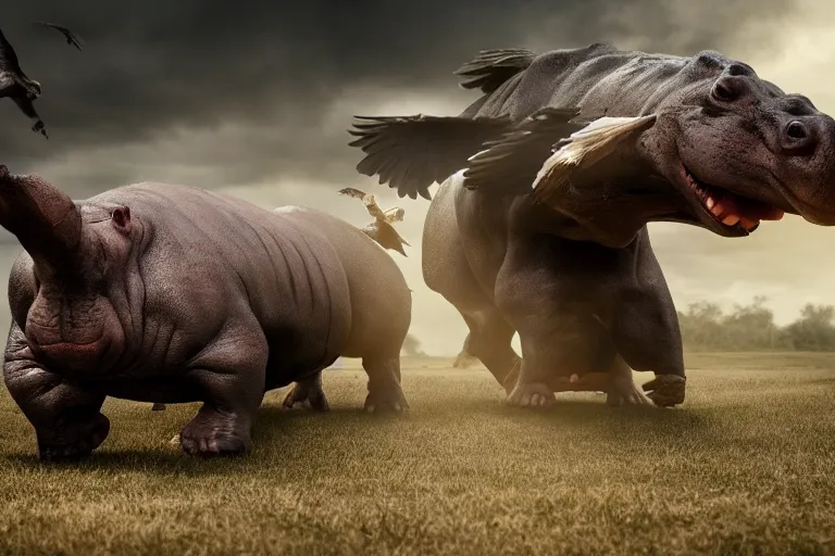 Image similar to hippo with eagle wings fighting zombies, cinematic, dramatic lighting