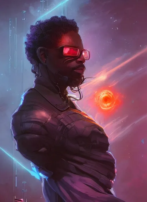 Prompt: handsome black man downloading algorithms to his brain via a cable in his head, cyberpunk character floating in fetal position, digital painting artstation, concept art, matte, sharp focus, illustration, dramatic exploding nebulae, hearthstone, art by artgerm and greg rutkowski and alphonse mucha