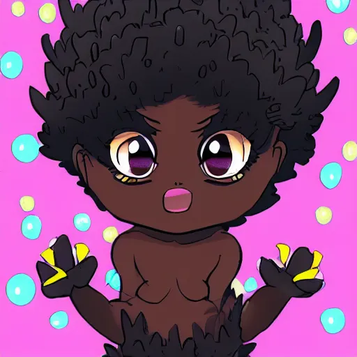 Prompt: Dark skinned girl pets Chibi Godzilla, digital art