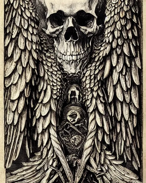 Image similar to gates of hell, skulls, wings, fine details, photorealistic, intricate complexity, extremely detailed, very sharp, in the style of albrecht durer,