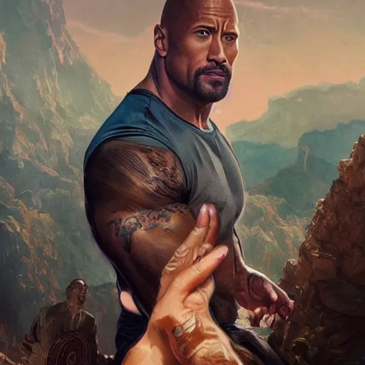 Image similar to Dwayne Johnson and Ryan Gosling Save the World, fantasy, intricate, elegant, highly detailed, digital painting, artstation, concept art, smooth, sharp focus, illustration, art by artgerm and greg rutkowski and alphonse mucha