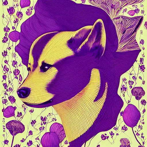 Image similar to the head of an incredibly elegant and beautiful shiba partially made of potatoes and violets, an ultrafine detailed illustration by james jean, final fantasy, intricate linework, bright colors, behance contest winner, vanitas, angular, altermodern, unreal engine 5 highly rendered, global illumination, radiant light, detailed and intricate environment