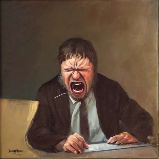 Image similar to an angry man yells at his computer monitor, oil on canvas, highly detailed