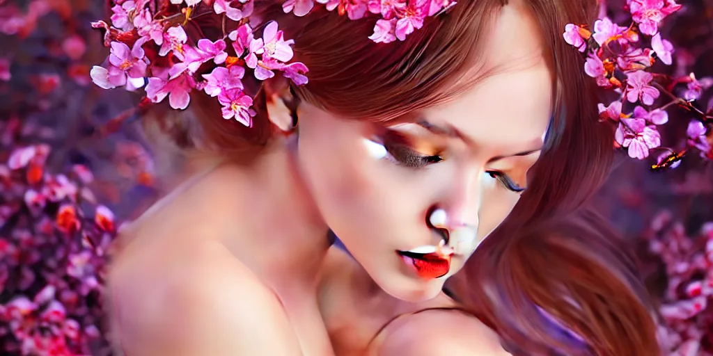 Prompt: photo of a gorgeous elfin female with fluid flowers covering her in the style of stefan kostic, realistic, half body shot, sharp focus, 8 k high definition, insanely detailed, intricate, elegant, art by stanley lau and artgerm, extreme blur cherry blossoms background