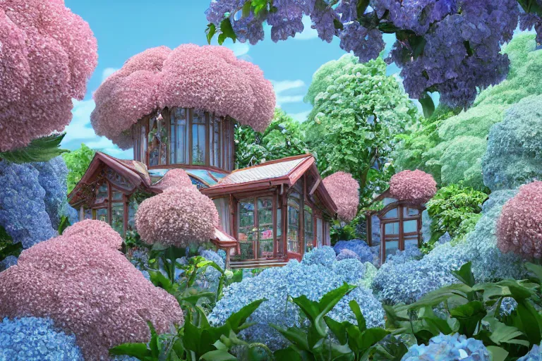 Prompt: An Orthodox style palace,crystal, glass,Surrounded by flower Arrangement Hydrangea and Delphinium, A paradise like a fairyland, by Mamoru Hosoda and James Jean and beeple, 3D Octane Render
