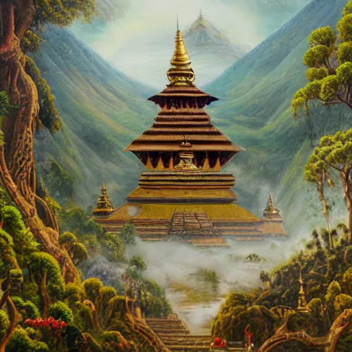 Image similar to a beautiful and highly detailed oil painting of an nepali temple in the kathmandu valley, detailed high buildings and rockets, forgotten valley, swirling mist, lush forests, intricate details, epic scale, insanely complex, 8 k, sharp focus, hyper realism, fantasy landscape, psychedelic, by caspar friedrich,