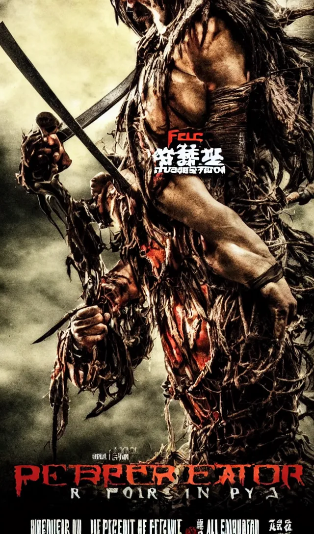 Prompt: movie poster for predator film shot in feudal japan staring hiroyuki sanada as a disgraced ronin who hunts down the predator after he fails to protect his master from it. in the style of al kallis.