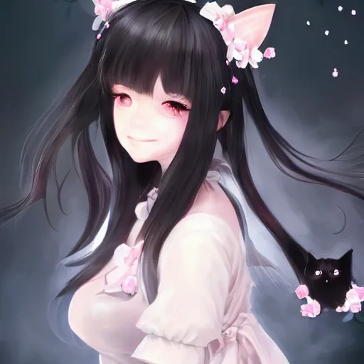 Prompt: realistic beautiful gorgeous natural cute fantasy girl black hair cute black cat ears in maid dress outfit beautiful eyes artwork drawn full HD 4K highest quality in artstyle by professional artists WLOP, Taejune Kim, Guweiz, ArtGerm on Artstation Pixiv