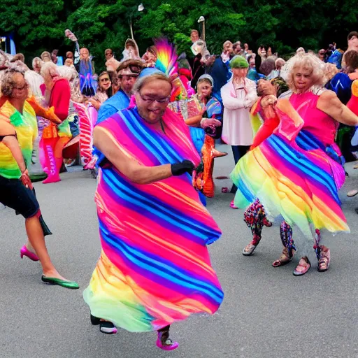 Prompt: people dancing with rainbow ribbons of color