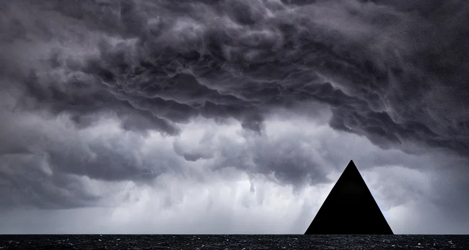 Image similar to photo of black lovecraftian eldritch!! obsidian pyramid!! on a snowy island surrounded by raging stormy seas, with a large shadow of a creature in the background, night, red lightning!!, storm!, dramatic lighting, photo realistic, 8 k