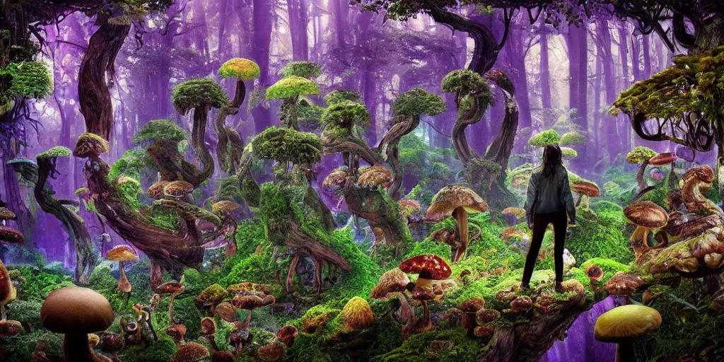 Image similar to extra wide view. person made of mushrooms standing in a marvelous magic forest jungle inhabited with fantastic creatures. iridescent. annihilation. hyper - detailed. hyperreal. unreal render.