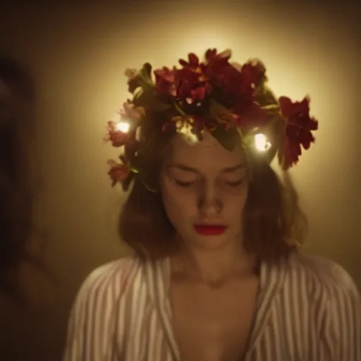 Prompt: movie still of the girl with the flowers head, cinematic composition, cinematic light, by edgar wright and david lynch, oniric atmosphere,