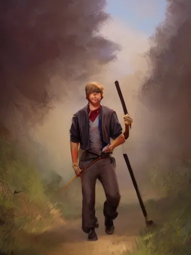 Prompt: a youthful handsome man walking in a rural area holding a staff. intricate, elegant, highly detailed, digital painting, artstation, concept art, sharp focus, illustration, by justin gerard and artgerm, 8 k