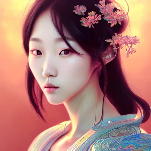 Prompt: Portrait of a beautiful korean female idol, face, fantasy, intricate, elegant, highly detailed, digital painting, artstation, concept art, smooth, sharp focus, illustration, art by Sam Youn and Fernanda Suarez and Artem Demura and alphonse mucha