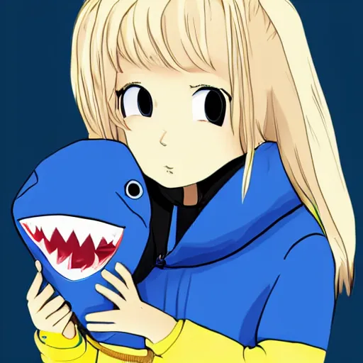 Image similar to a blonde girl in a black hoodie holding a blahaj blue shark plush from ikea, anime style digital art