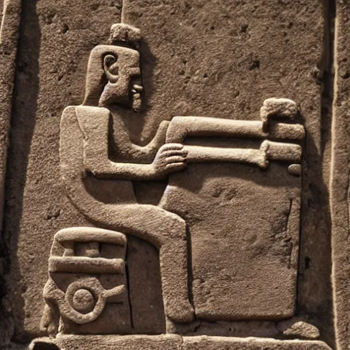 Image similar to a photograph of an ancient ruin monument depicting a man playing a synthesizer, maya, inka, aztec