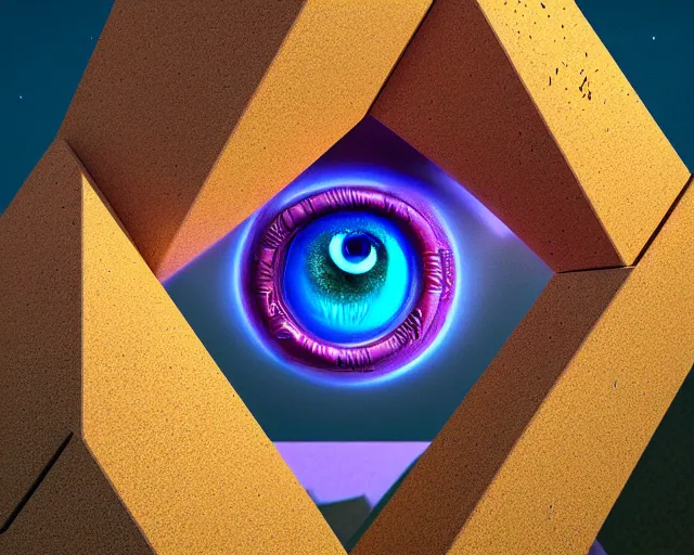 Image similar to portrait of dreamlike giant eye puzzle lock cube, intricate abstract. intricate artwork, by tooth wu, wlop, beeple, dan mumford. concept art, octane render, trending on artstation, greg rutkowski very coherent symmetrical artwork. cinematic, key art, hyper realism, high detail, octane render, 8 k, iridescent accents