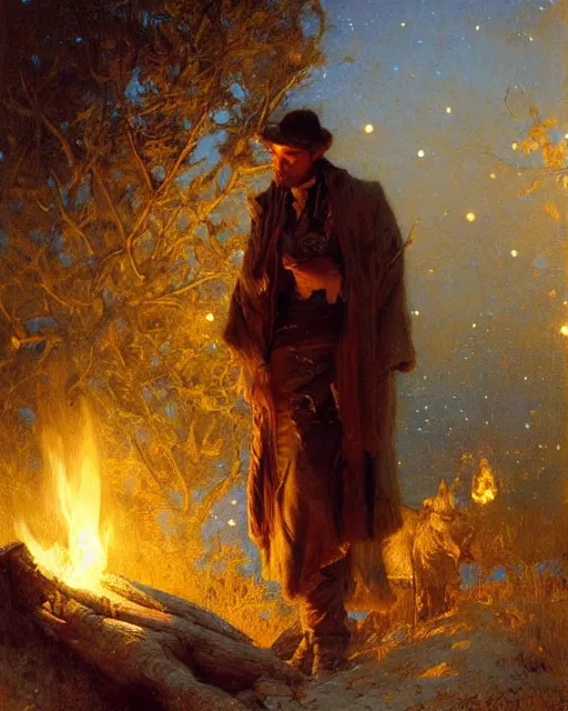 Prompt: very very attractive man counts the stars at night from beside the fire, his tent is nearby, melancholy, nostalgia, painting by gaston bussiere, craig mullins, j. c. leyendecker