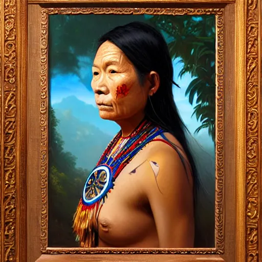 Image similar to portrait of an aboriginal paiwan woman ( 3 5 ) from taiwan in 2 0 2 1, an oil painting by ross tran and thomas kincade