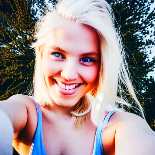 Image similar to beautiful selfie of a cute thin young woman smiling smugly, long light platinum blonde hair, flushed face, small heart - shaped face, cute freckles, light blue eyes, golden hour, 8 k, instagram