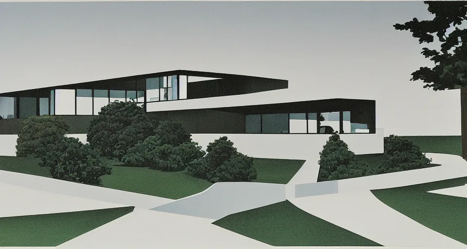 Image similar to modern house, bauhaus, mies van der rohe, matte painting, hiroshi nagai