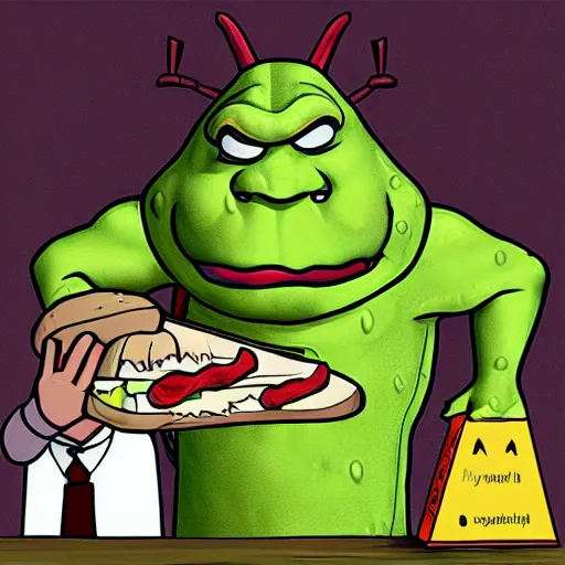 Prompt: Pyramid head shrek trying to eat a sandwich