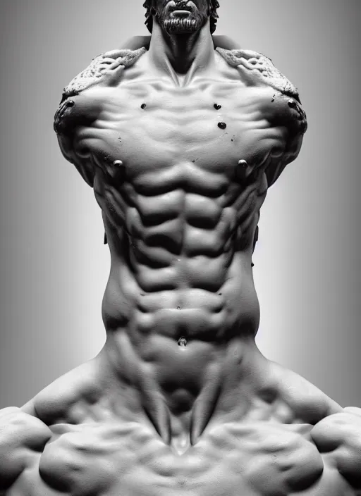 Image similar to a bloody statue made of white marble of hercules, perfect symmetrical body, perfect symmetrical face, hyper realistic, hyper detailed, by johannen voss, by michelangelo, octane render, blender, 8 k, stylized gold and black