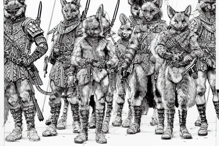 Prompt: pen and ink study of a group of furry soldiers with animal ears in a in a late renaissance city, key visual with intricate linework, in the stlye of kim jung gi and moebius