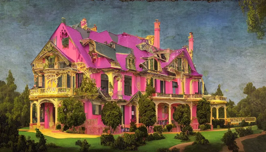 Prompt: a huge standalone house, seen from the distance by night, near a river made of crystals. art nouveau rococo in the style of caravaggio. hd 8 x matte background in vibrant vivid pastel colour textures