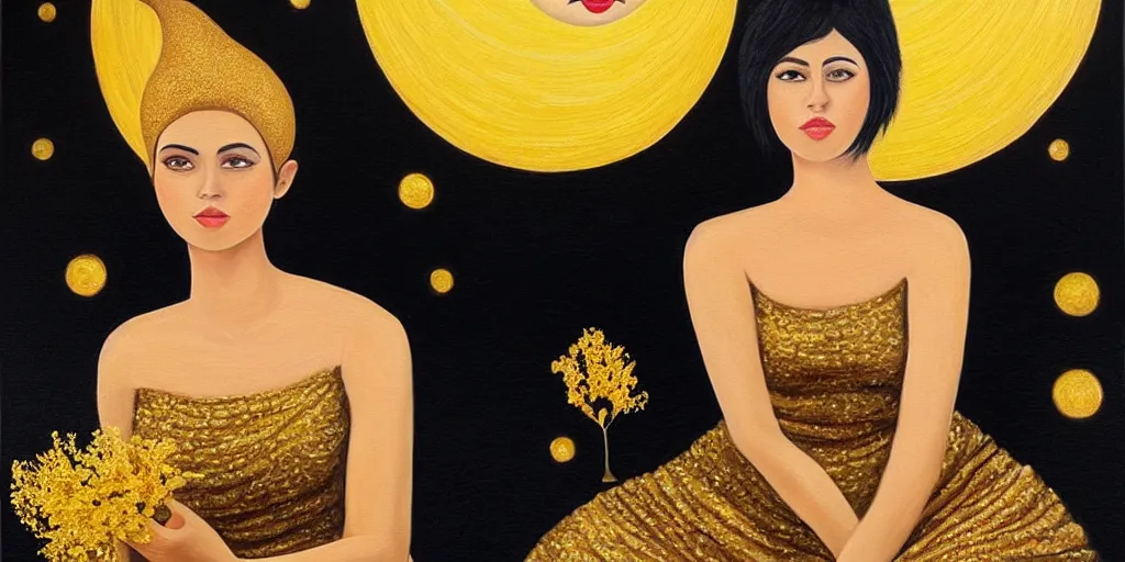 Image similar to very realistic beautiful painting of a woman with short black hair with golden details in it wearing a long metallic golden skirt covering her whole body holding flowers and levitating a pear, sun on the left moon on the right as she is sitting on a rock at night time, hyper realistic 8K HD, highly detailed