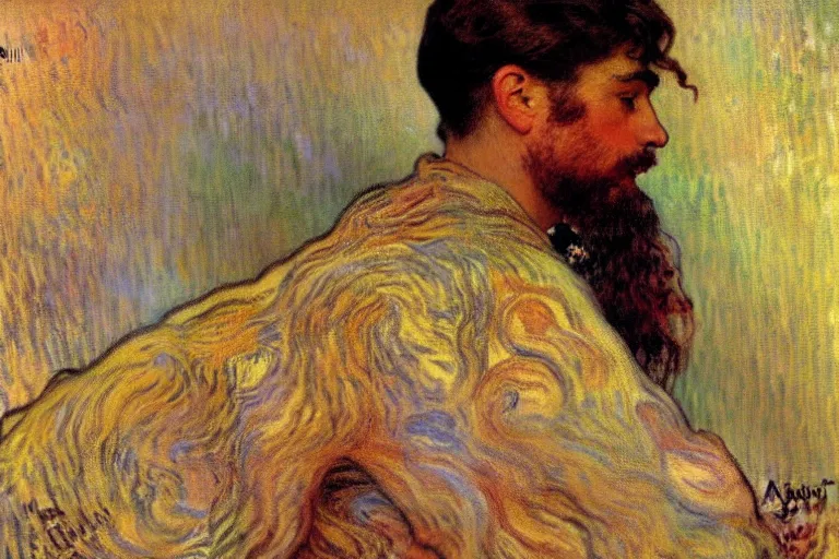 Image similar to attractive male, painting by gaston bussiere, claude monet, alphonse mucha, carl larsson