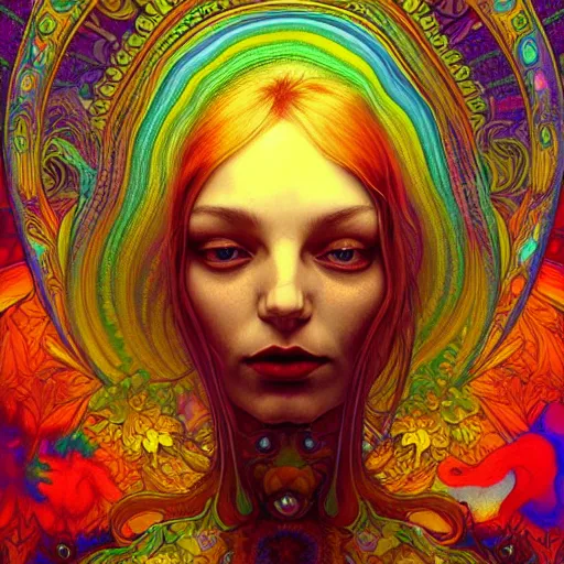 Image similar to An extremely psychedelic experience, reality bending, colorful, surreal, magic mushrooms, psilocybin, LSD, face, detailed, intricate, elegant, highly detailed, digital painting, artstation, concept art, smooth, sharp focus, illustration, art by Krenz Cushart and Artem Demura and alphonse mucha