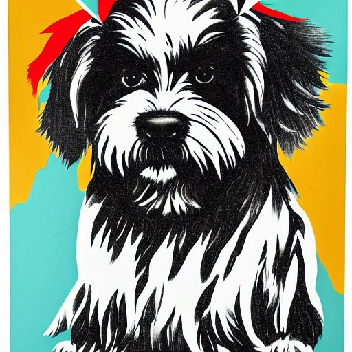 Image similar to tlingit haida lithograph, portrait of havanese dog, simplified forms, multiple colors, print by tristan - wolf reg davidson clifton guthrie maynard johnny jr.