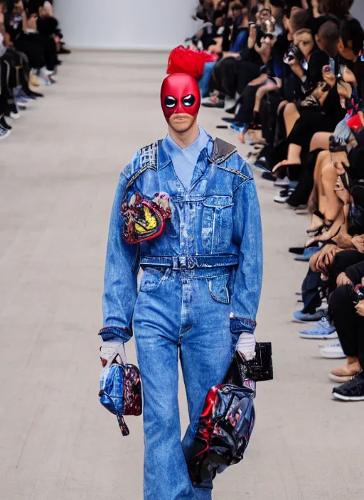 Image similar to hyperrealistic and heavy detailed balenciaga runway show of deadpool, leica sl 2 5 0 mm, vivid color, high quality, high textured, real life