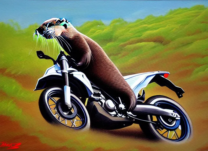 Prompt: Otter riding a DRZ 400s, realism painting, 8k, detailed,