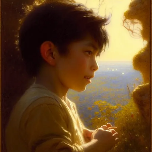 Prompt: a gaston bussiere's film still portrait of child hiker finding a city inside a cava, finely detailed features, closeup at the faces, sun, water, perfect art, gapmoe yandere grimdark, trending on pixiv fanbox, painted by greg rutkowski makoto shinkai takashi takeuchi studio ghibli, gaston bussiere