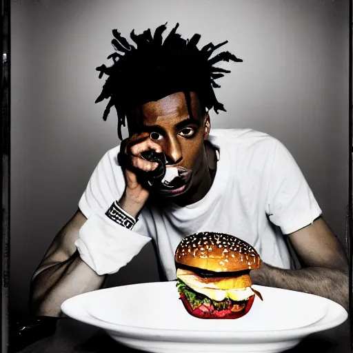 Prompt: a realistic photo of playboi carti eating a travis scott burger, film grain, vintage photo, high contrast